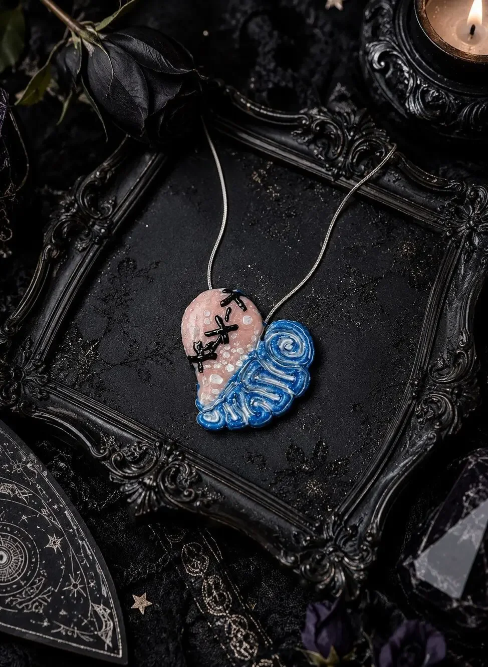 Two tone pink glitter resin stitched heart pendant necklace